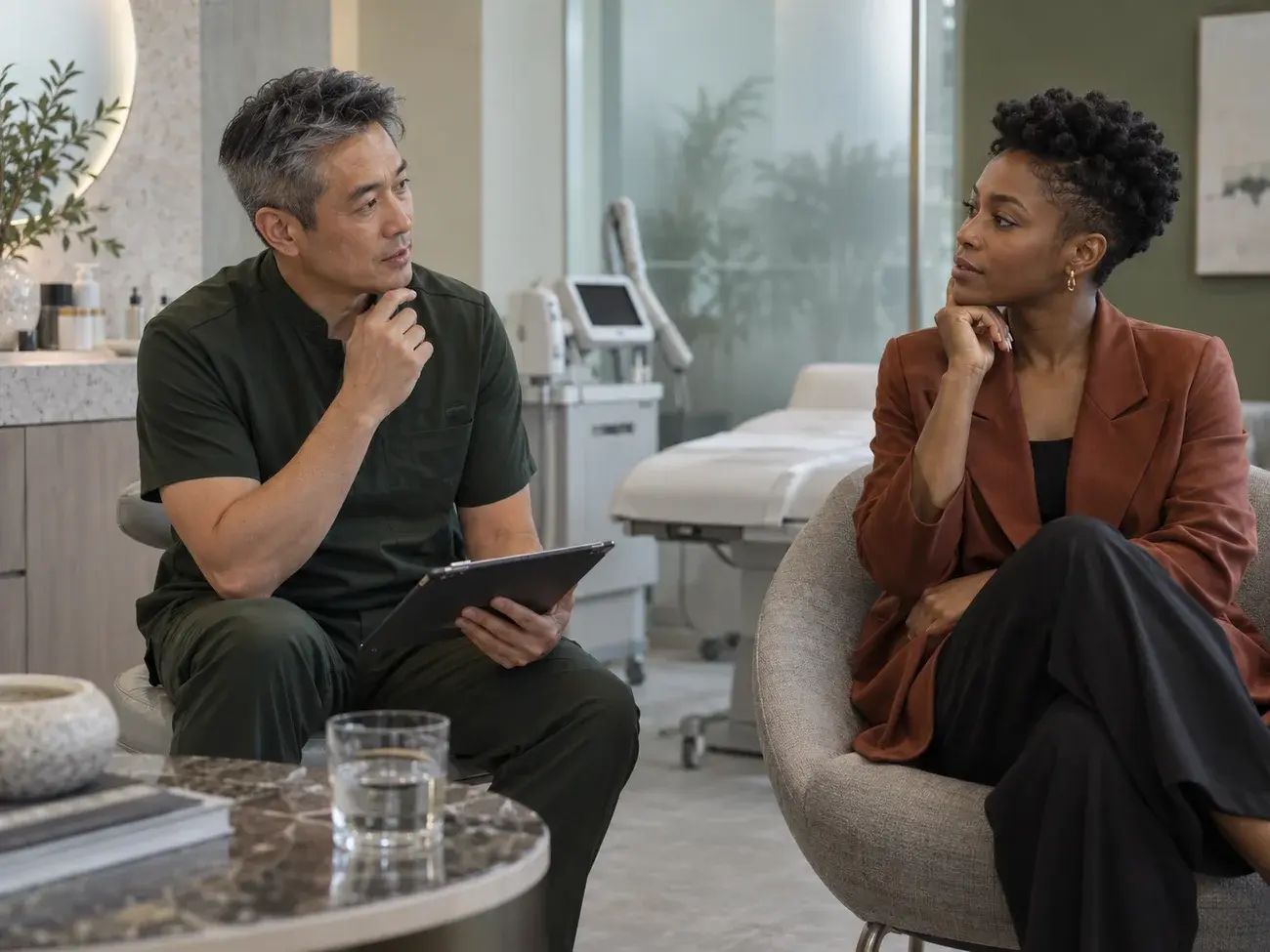 Aesthetic physician speaking with a client in a clinic
