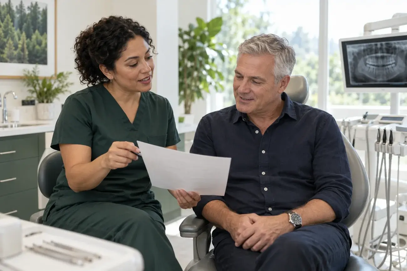 Dentist and patient speaking in a calm consultation room