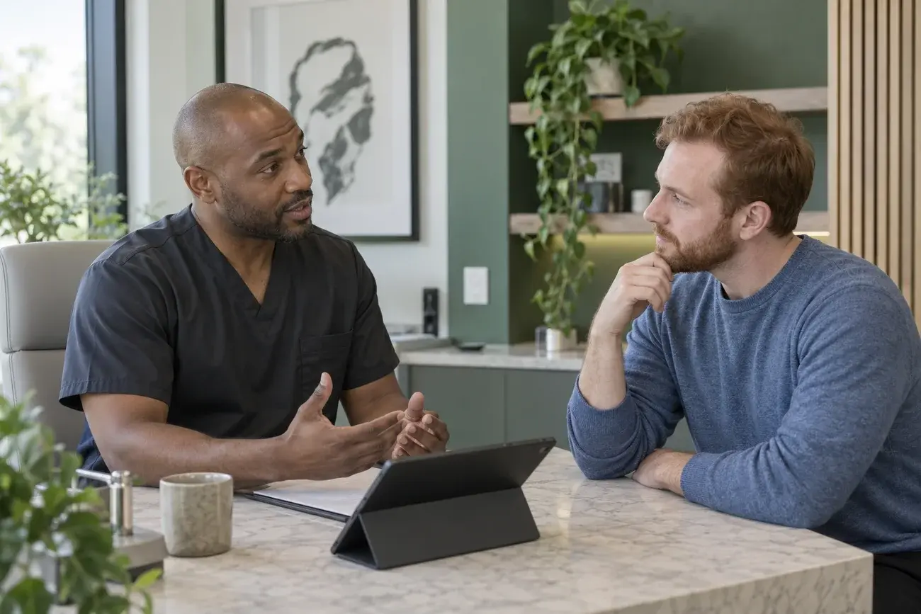Hair restoration clinician consulting with a prospective patient