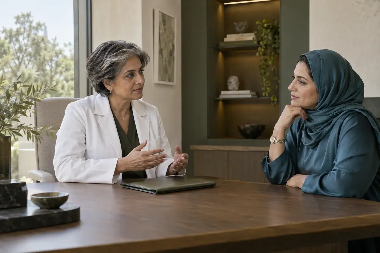 Plastic surgeon speaking privately with a prospective patient