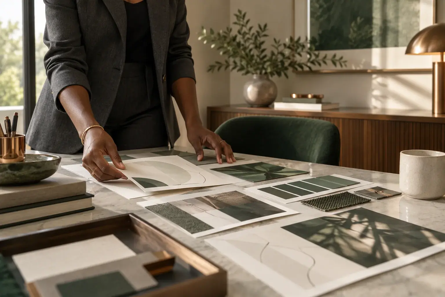 Strategist arranging visual identity studies and color samples