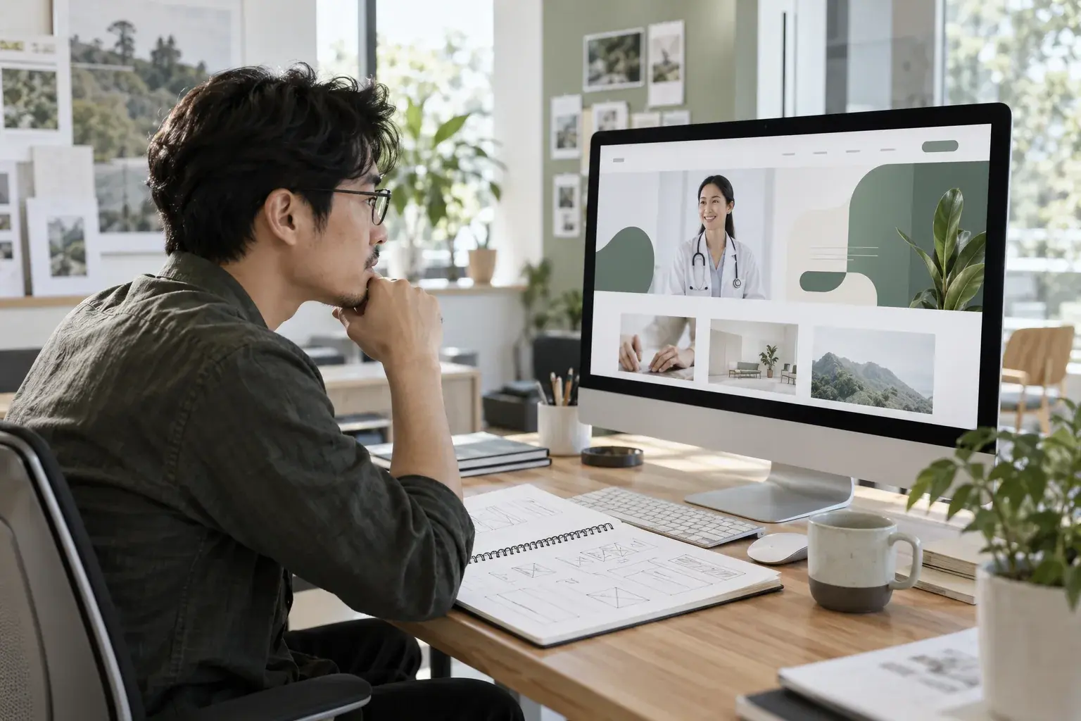 Designer reviewing a clinic website layout and wireframe sketches